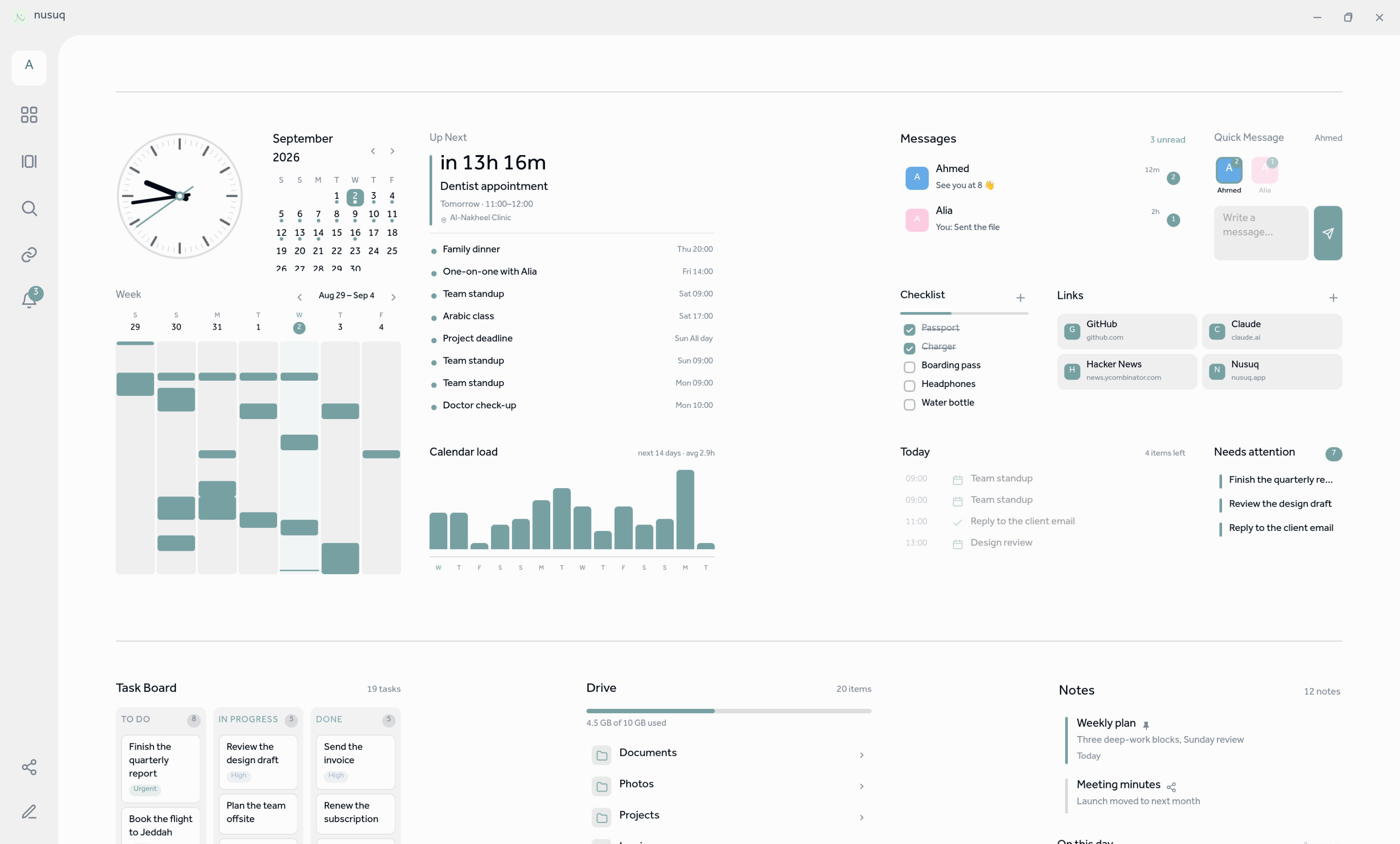 The nusuq dashboard on desktop, with calendar, tasks, notes and habit widgets arranged on one page